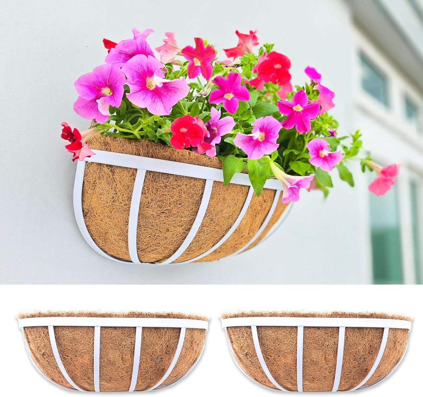 LaLaGreen Outoor Planter Boxes (36 Inch, 2 Pack) White Metal Deck Railings Flower Box with Coco Liners, Rectangular Wall Planters for Window Plants Horse Troughs Fence Balcony Modern Herb Patio Porch