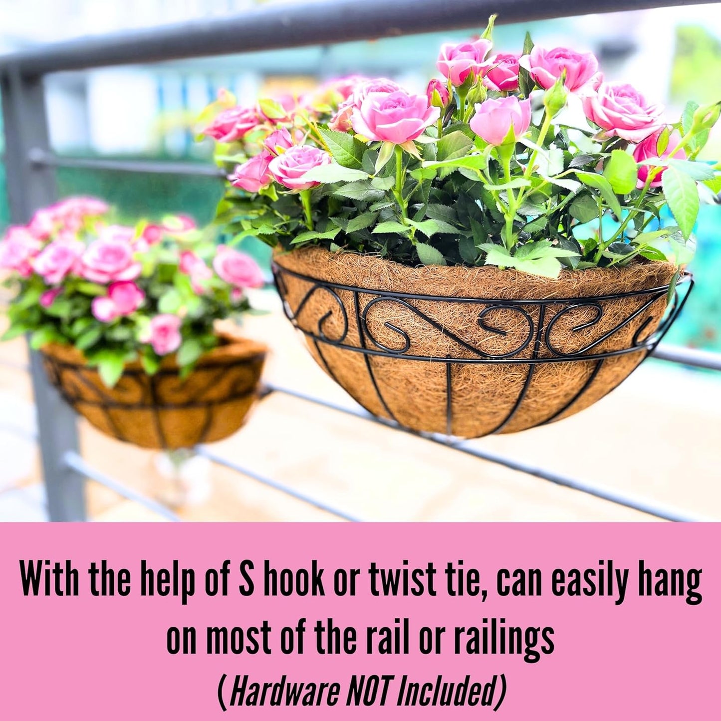 LaLaGreen Outdoor Wall Planters, 4 Pack, 14 Inch Large Balcony Planter Railings Hanging, Rail Flower Basket with Coco Liner English Horse Trough Black Metal Wire Succulent Pot Holder Deck Porch Garden