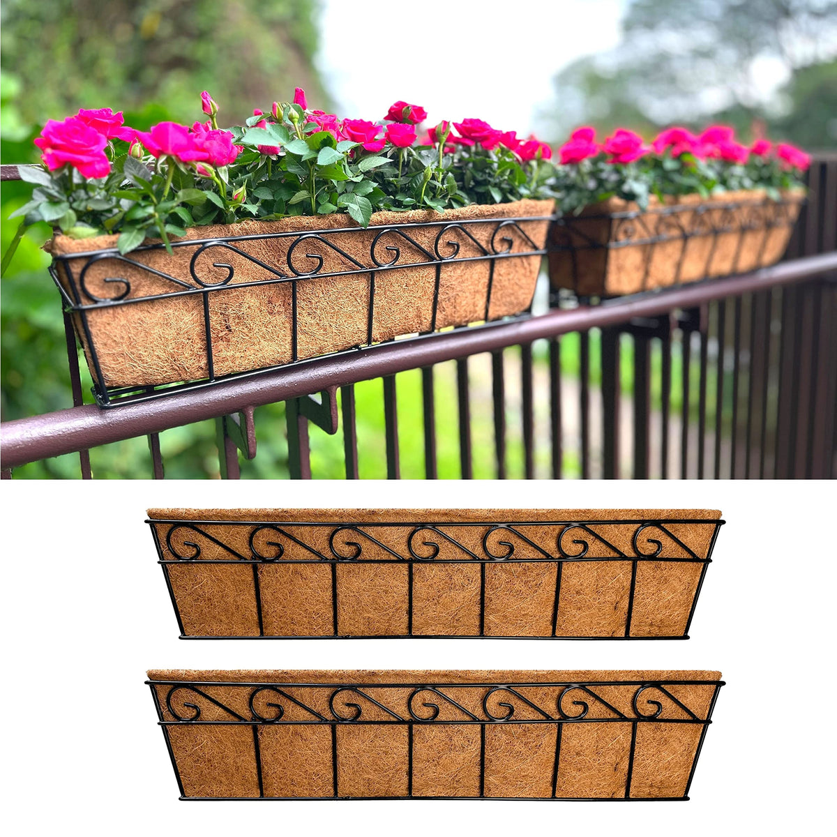 LaLaGreen Window Boxes Planters to Attach House (30 in, 2 Pack) Black Metal