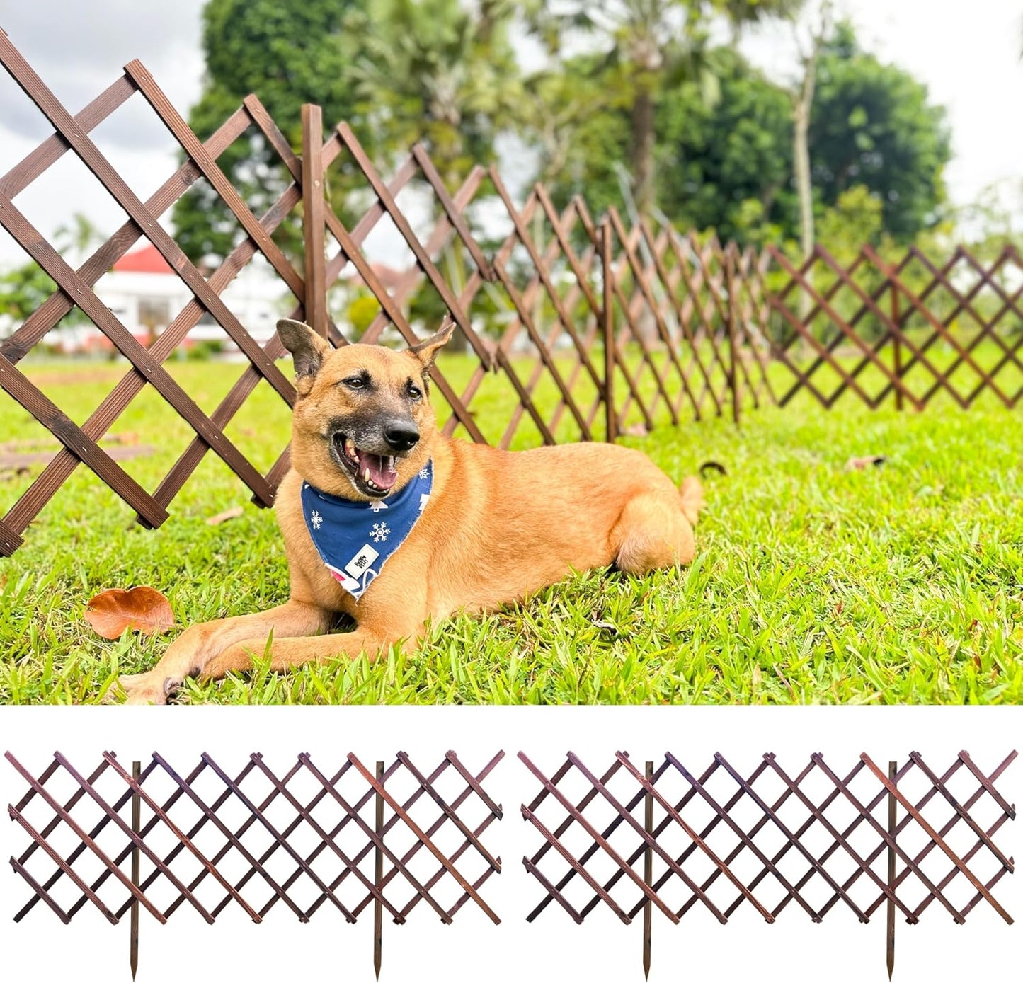 ShopLaLa Garden Fence- 2 Pack, Total 12ft (L) Wooden Lattice Flower Edging for Yard Lawn Landscape Patio Outdoor Decor, Expandable Plant Garden Trellis, Animal Barrier Fence No Dig Panel for Small Dog