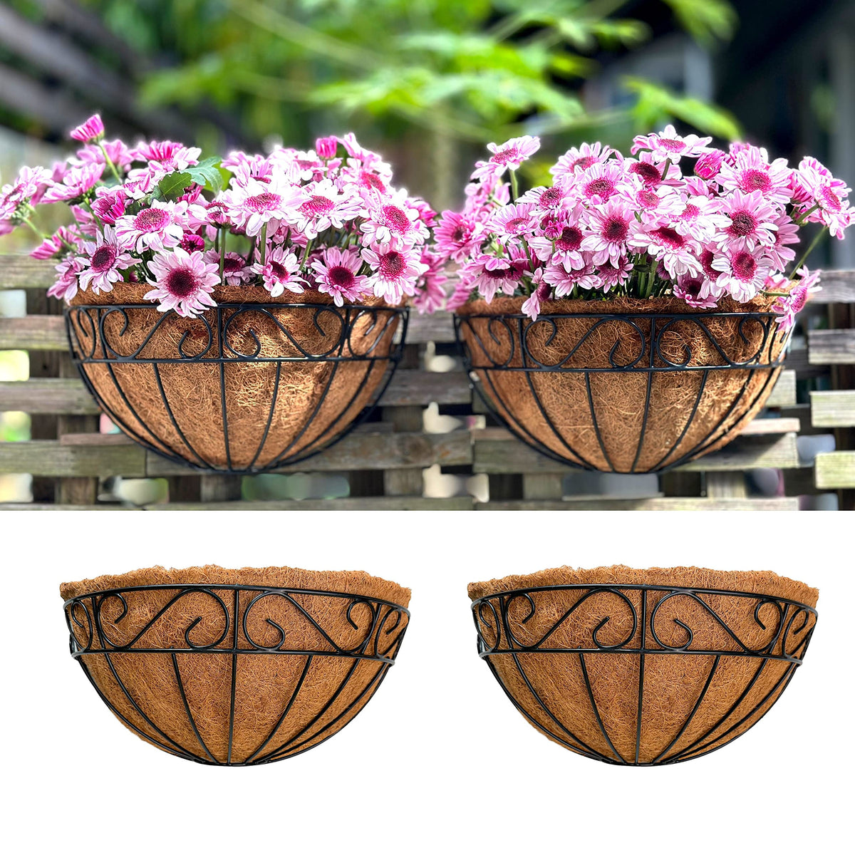 LaLaGreen Fence Wall Planter (16 in, 2 Pack) Metal Coco Liner Baskets