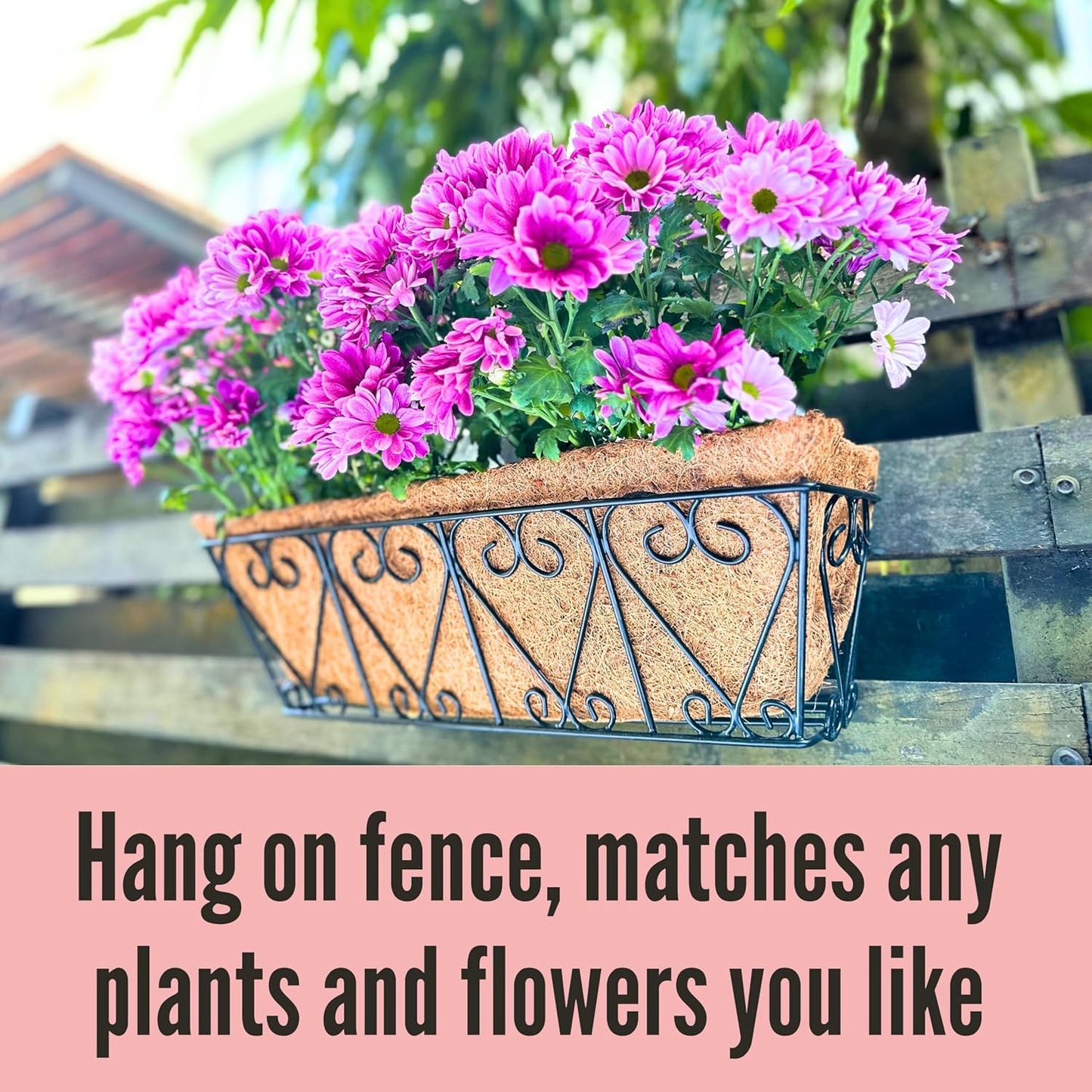 LaLaGreen Wall Planters - 2 Pack, 16 Inch Window Flower Boxes Outdoor, Deck Railing Hanging Metal Wire Basket Black with Coco Liners Horse Troughs Fence Balcony Garden Farmhouse Patio Porch Over Rail