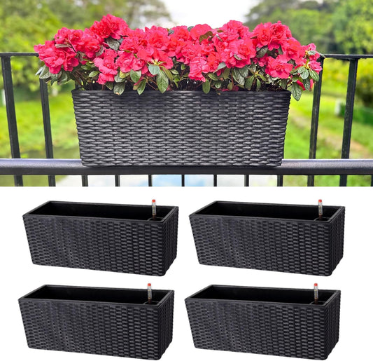LaLaGreen Deck Railing Planter Box (4 Pack, 20 Inch) Black Rectangular Window Flower Boxes with Bracket, Self Watering System Hanging Planter Box for Outdoor Plant Container Herb Rail Fence Balcony