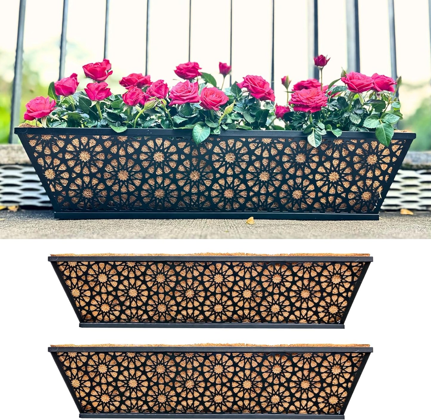 LaLaGreen Window Boxes Planters for Outdoor Plants (4 Pack, 12 Inch) Small and Cute Black Metal Fence Hanging Flower Box Basket with Coco Liner Unique Horse Troughs Balcony Garden Pot Patio Porch Rail