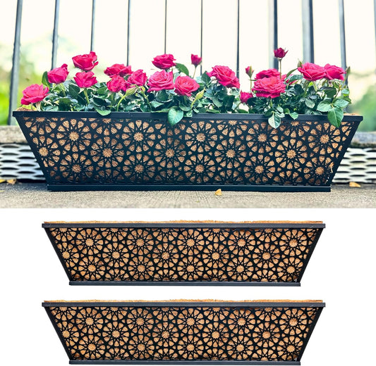 LaLaGreen Window Boxes Planters for Outdoor Plants (2 Pack, 24 Inch) Large Fence Hanging Planter Metal Deck Railing Flower Box with Coco Liner, Trendy Horse Troughs Balcony Pots Patio Porch Over Rail