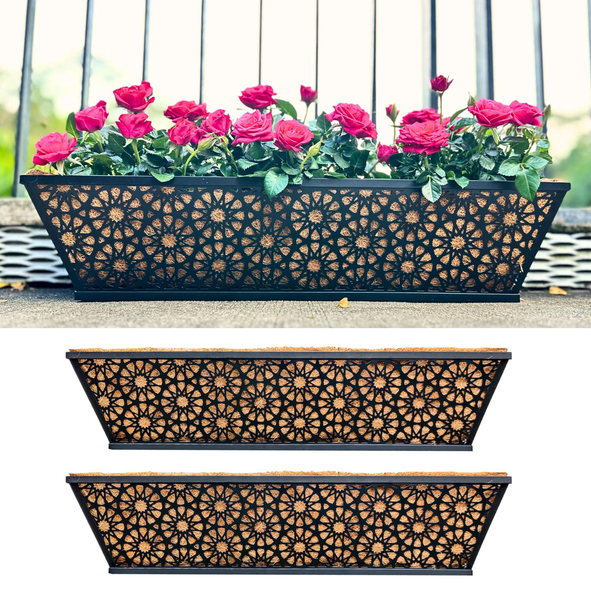 LaLaGreen Black Wall Planter (12 in, 2 Pack) Long Metal Window Flower Box