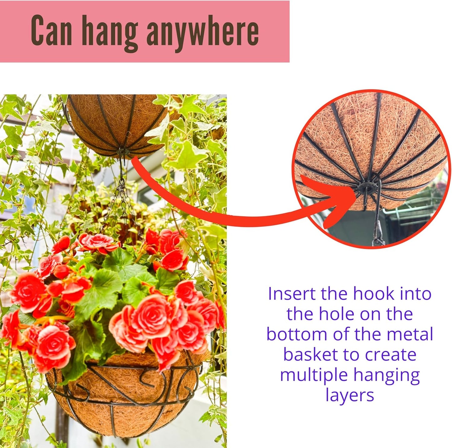 LaLaGreen Hanging Planter for Outdoor Plants (10 Inch, 6 Pack) Hanging Baskets with Coco Liner, Black Metal Wire Flower Basket Pots with Hook Hanger Balcony Porch Farmhouse Country Style Garden Decor