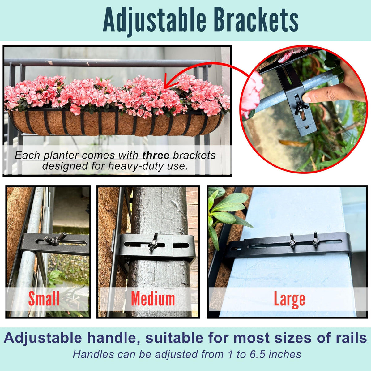 LaLaGreen Deck Railing Planter Boxes (16 Inch, 2 Pack) Black Metal Rectangular Hanging Planters with Coco Liner, Adjustable Flower Planter Box Brackets for Plants Fence Balcony Patio Porch Over Rail