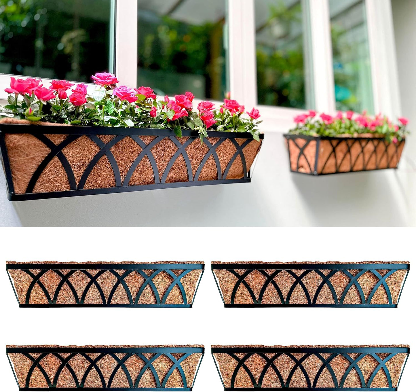 LaLaGreen Wall Planters (2 Pack, 48") Rectangular Black Metal Hanging Window Planter Box with Coco Liner, Flower Basket Plant Holder Attach House Outdoor Deck Railing Garden Patio Porch Balcony Fence