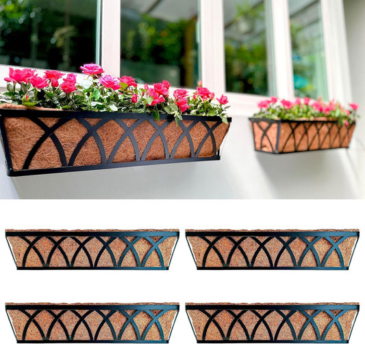 LaLaGreen Wall Planter (4 Pack, 30 Inch) Large Railing Planter Box for Outdoor Plants with Coco Liner, Metal Balcony Flower Basket Deck Rail Railing Fence Window Attach House Horse Trough Fence Porch