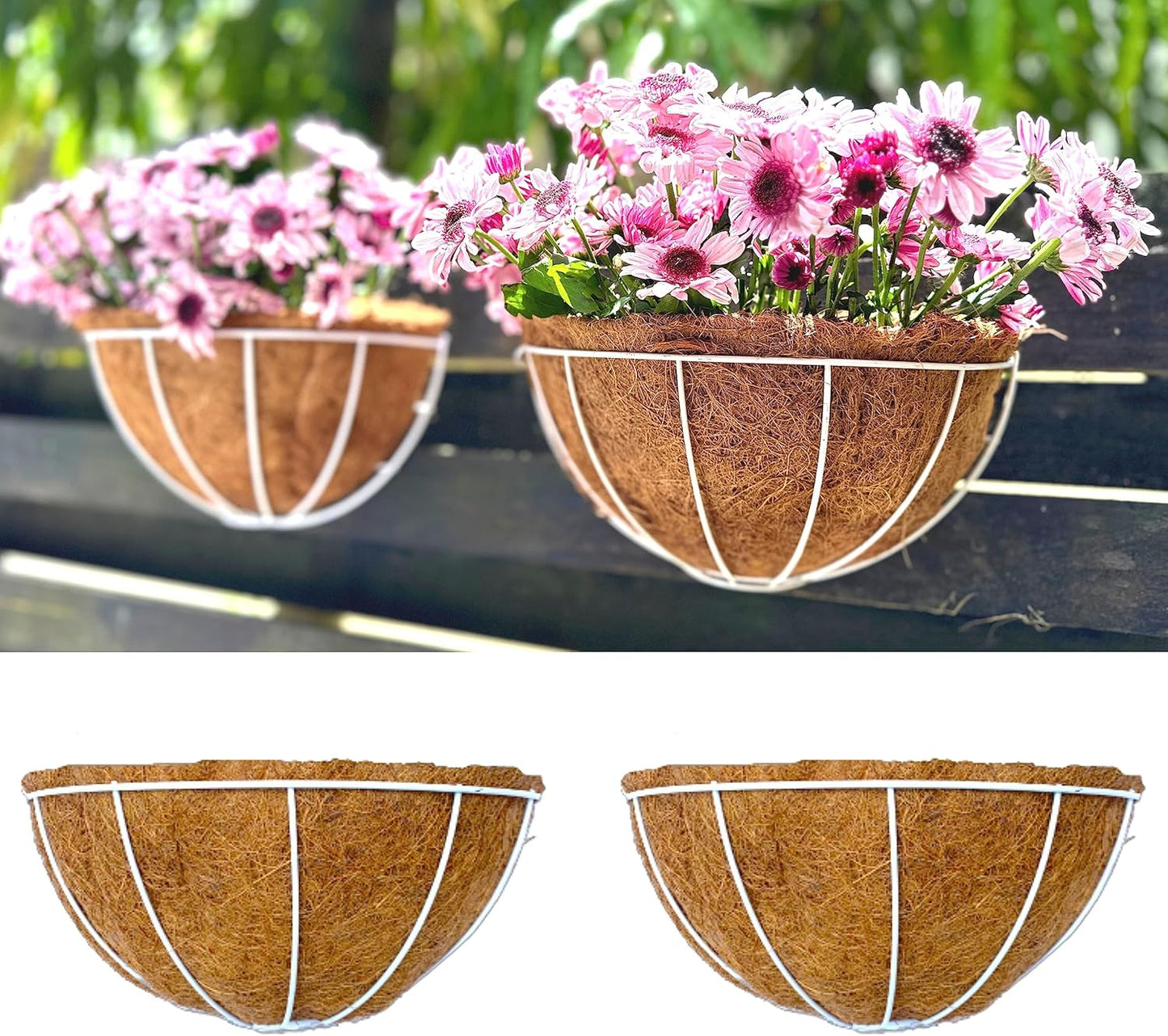 LaLaGreen Large Wall Planters, 2 Pack, 16 Inch Wall Hanging Pots with Coco Liner, White Metal Wire Rail Flower Basket Box Outdoor Outside Fence Railings Plant Holder Deck Porch Balcony Garden Decor