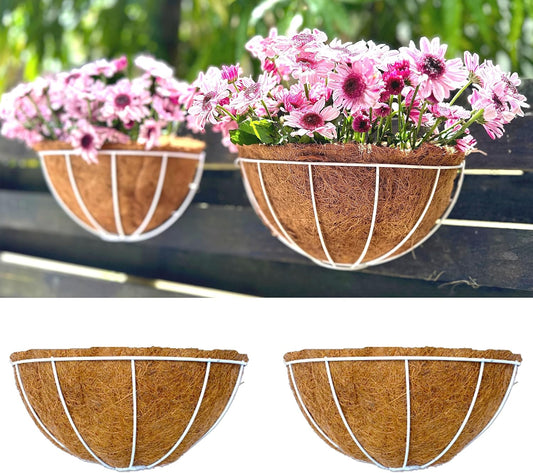 LaLaGreen Large Wall Planters, 2 Pack, 16 Inch Wall Hanging Pots with Coco Liner, White Metal Wire Rail Flower Basket Box Outdoor Outside Fence Railings Plant Holder Deck Porch Balcony Garden Decor