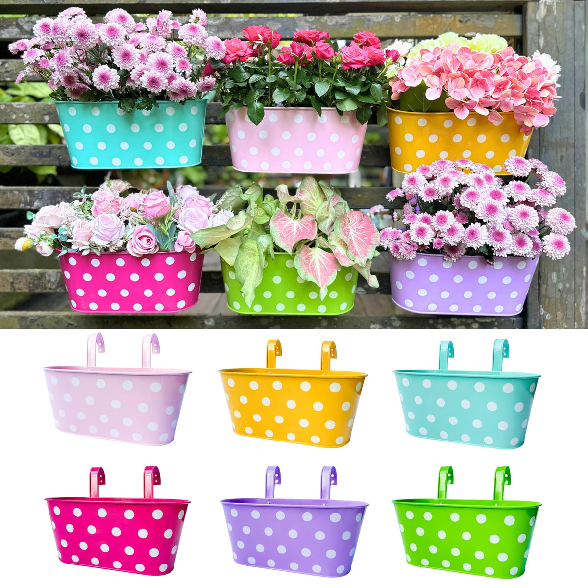 LaLaGreen Polka Dot Metal Railing Planter Boxes