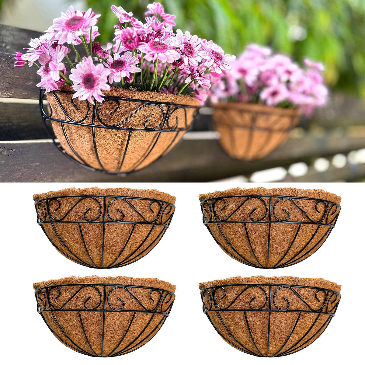 LaLaGreen Wall Planter (16 in, 4 Pack) Coco Liner Fence Flower Pots