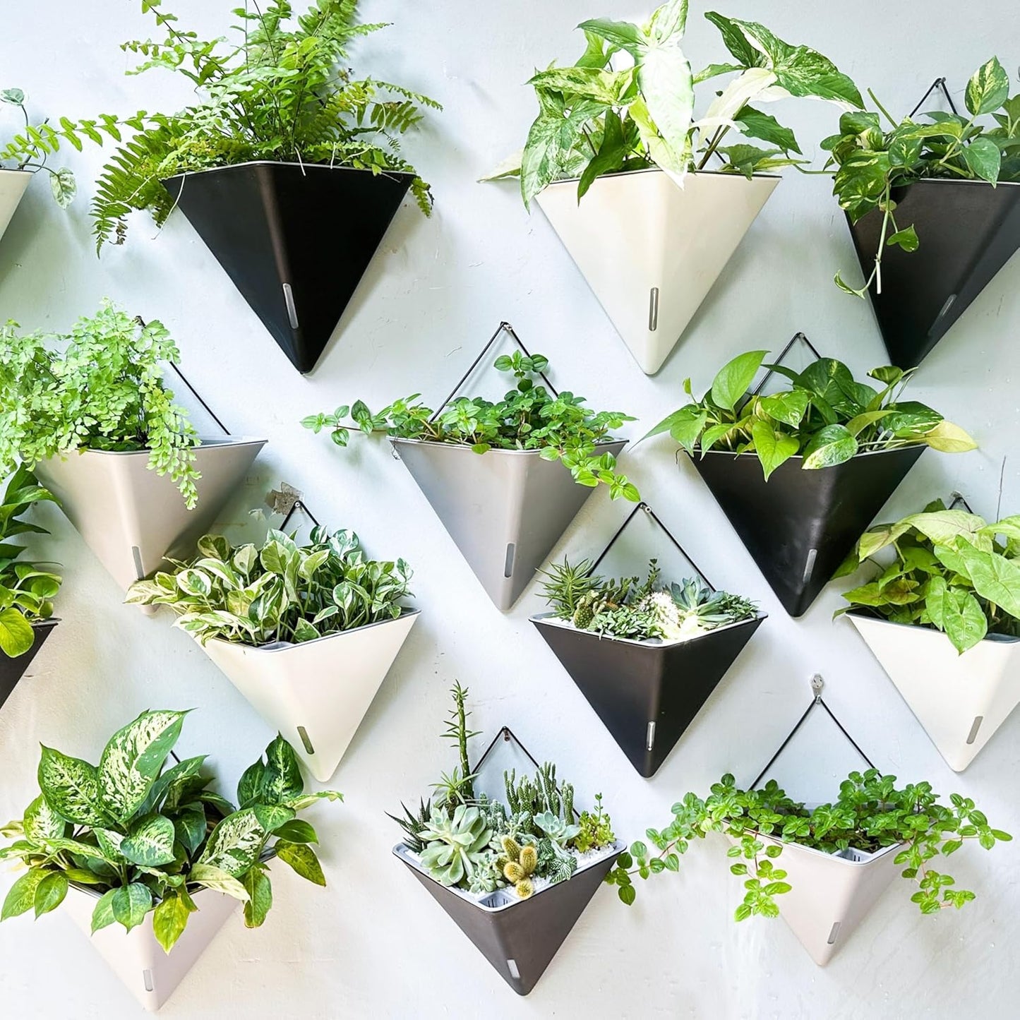 LaLaGreen Succulent Wall Planters - 2 Pack, 12 Inch Large Self Watering Wall Hanging Planters for Indoor Plants Gray Wall Mount Triangle Geometric Flower Vase Pot Black Metal Hanger Living Wall Decor