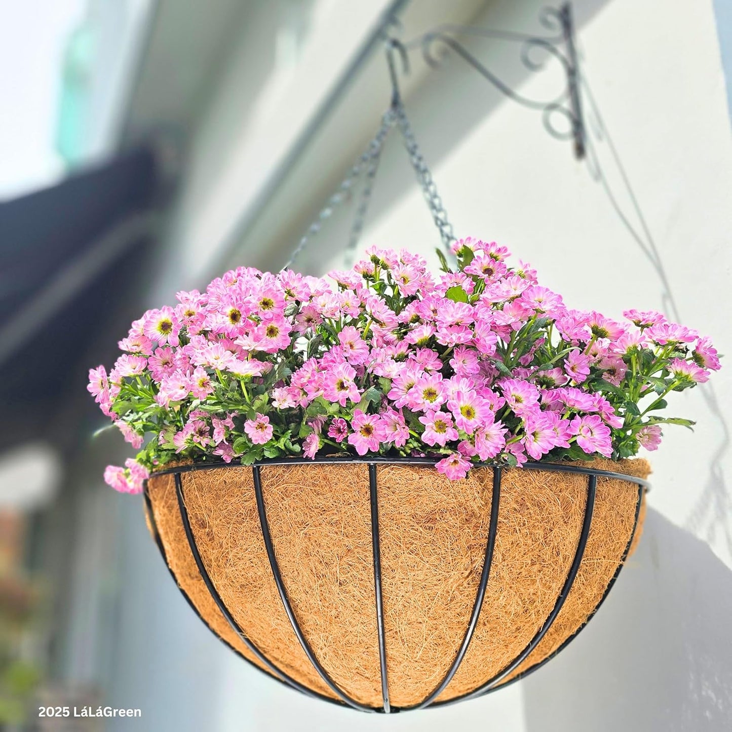 LaLaGreen Hanging Baskets for Plant Outdoor (18 Inch, 4 Pack) Extra Large Black Metal Wire Hanging Planter with Coco Liner Round Flower Pot Holder Hanger Deck Porch Modern Garden Balcony Country Decor