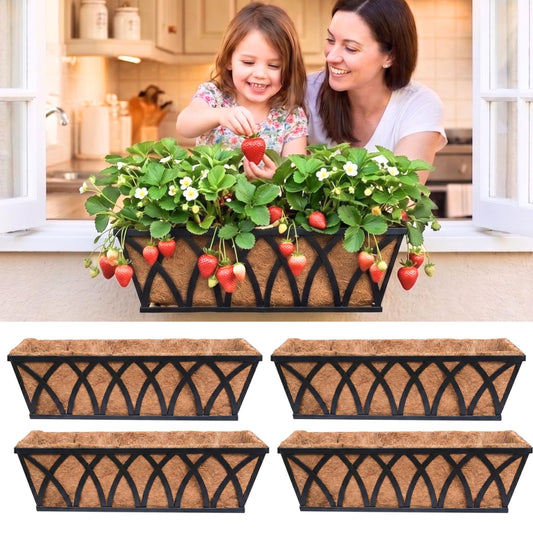 LaLaGreen Wall Planter (2 Pack, 24 Inch) Large Wall Hanging Planter Coco Liner Metal Iron Window Flower Boxes Outdoor Basket Box Attach House Outside Fence Rail Railing Plant Holder Deck Porch Balcony