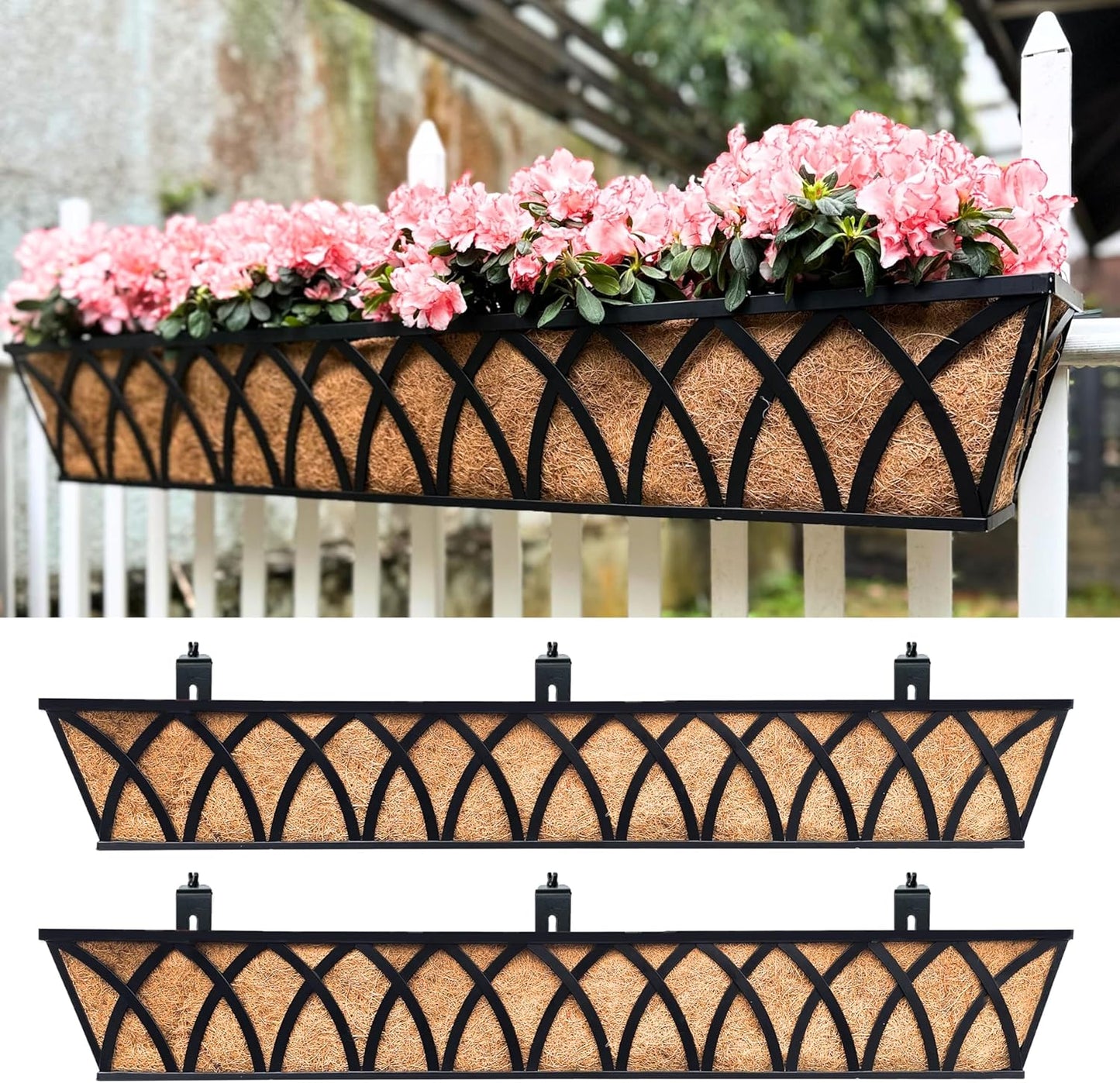 LaLaGreen Railing Planter Box (36 Inch, 4 Pack) Black Metal Rectangular Window Boxes for Outdoor Plants, Large Wall Hanging Planters with Coco Liner Modern Bracket Garden Rail Fence Patio Porch Decor