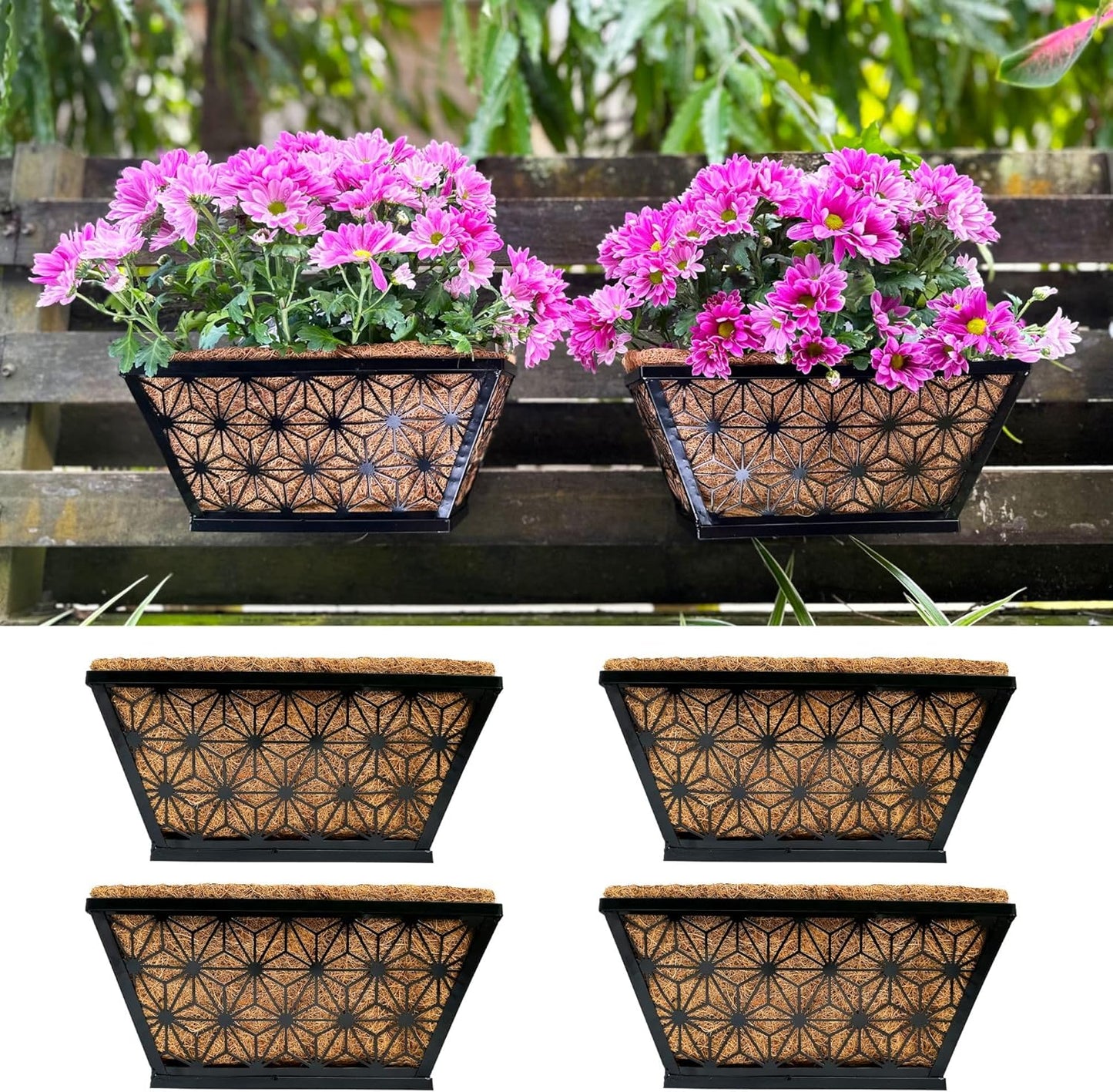 LaLaGreen Window Boxes Planter for Outdoor Plants (2 Pack, 16 Inch) Black Metal Basket Flower Pot Rectangular Wall Planters with Coco Liner, Horse Trough Deck Railing Balcony Modern Garden Fence Patio