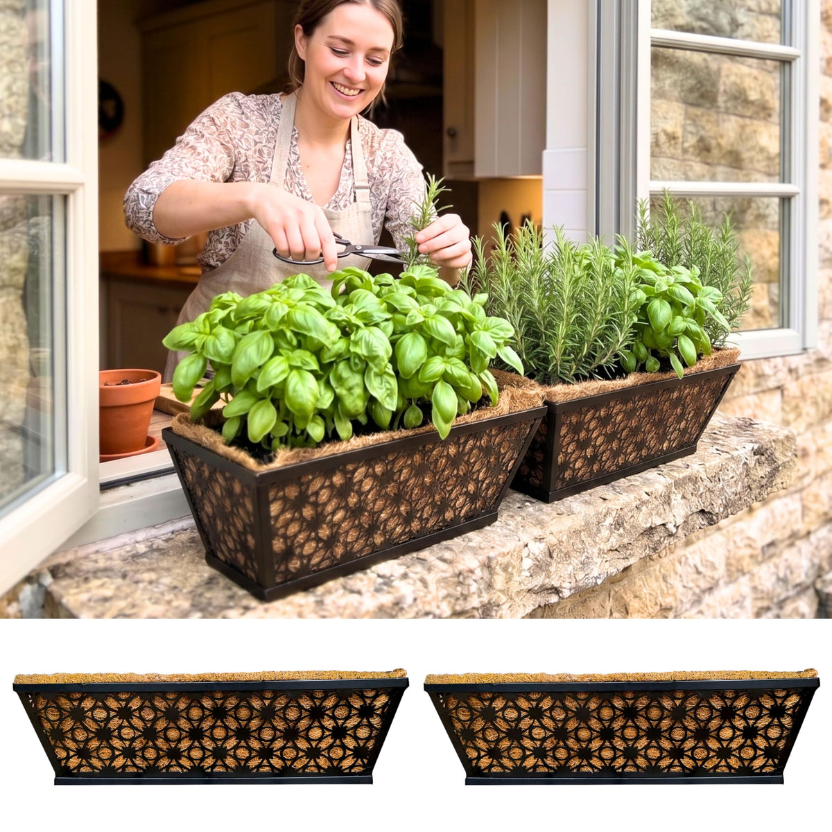 LaLaGreen Flower Wall Planter (12 in, 2 Pack) Black Metal Window Boxes