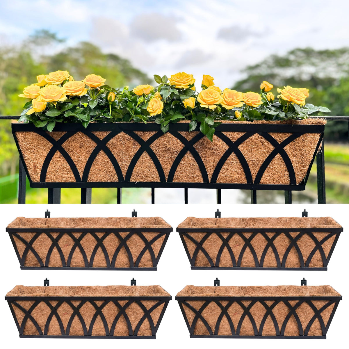 LaLaGreen Outdoor Railing Planter (24 in, 4 Pack) Black Flower Box Holder