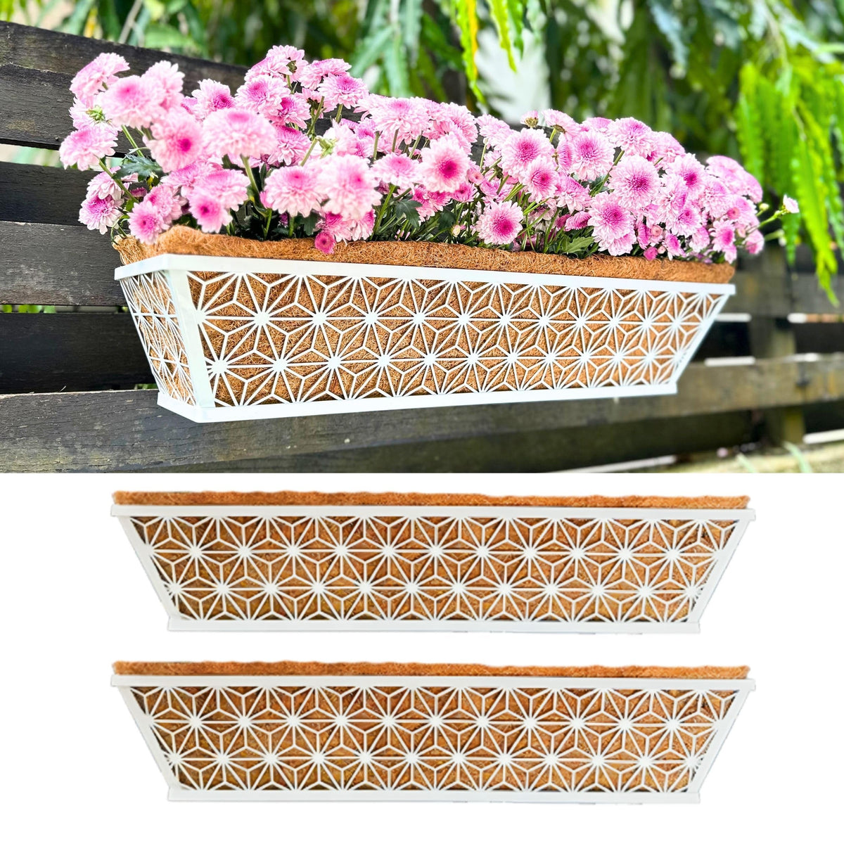 LaLaGreen Window Boxes Planter (2 Pack, 12 Inch) White Metal Rectangular Wall Planters with Coco Liner, Horse Trough Deck Railing for Outdoor Plants Holder, Modern Rail, Balcony, Fence, Porch Patio