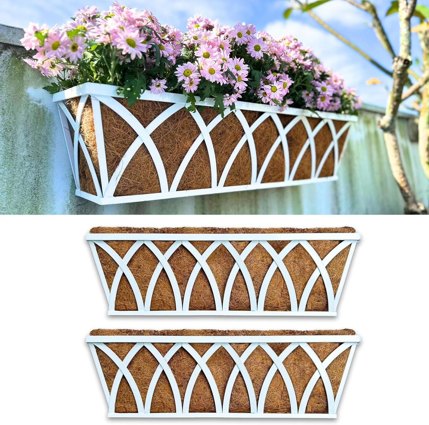 LaLaGreen Wall Planter Outdoor (36 Inch, 2 Pack) White Metal Rectangular Hanging Flower Boxes with Coco Liner Window Basket Plant Holder Deck Rail Railing Patio Horse Trough Balcony Fence Porch Garden