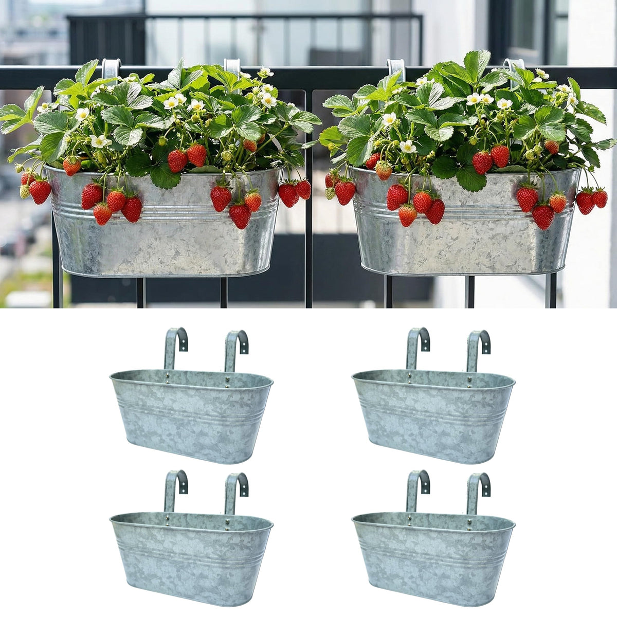 LaLaGreen Hanging Oval Metal Railing Bucket Planters
