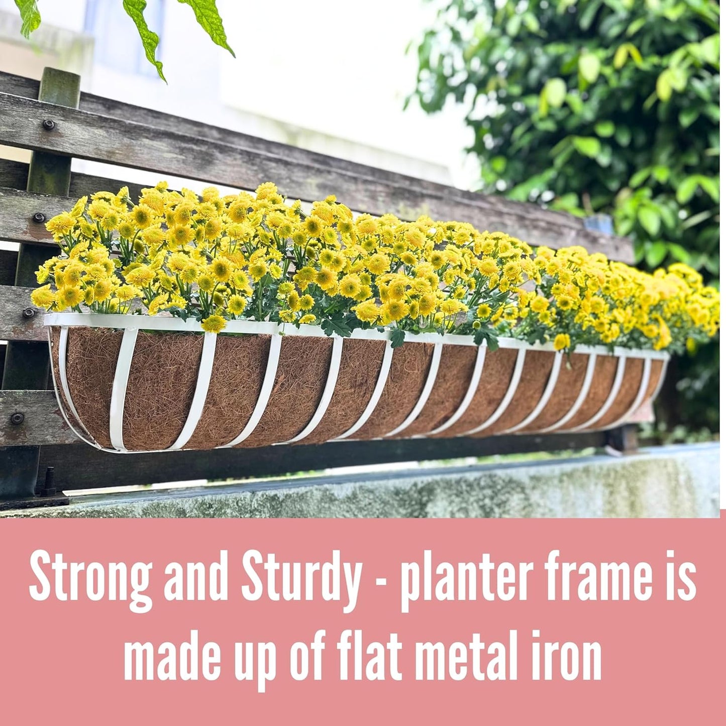 LaLaGreen Deck Railing Planter Boxes (2 Pack, 48 Inch) White Metal Rectangular Window Flower Box with Coco Liner, Wall Hanging Planters for Outdoor Plants Rail Fence Balcony Patio Porch Garden Decor