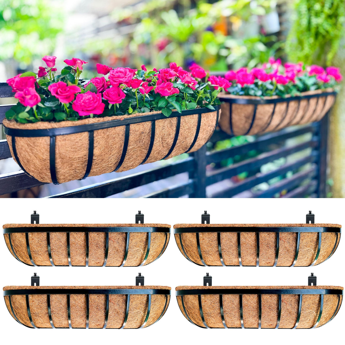 LaLaGreen Deck Railing Planter Boxes (16 Inch, 2 Pack) Black Metal Rectangular Hanging Planters with Coco Liner, Adjustable Flower Planter Box Brackets for Plants Fence Balcony Patio Porch Over Rail