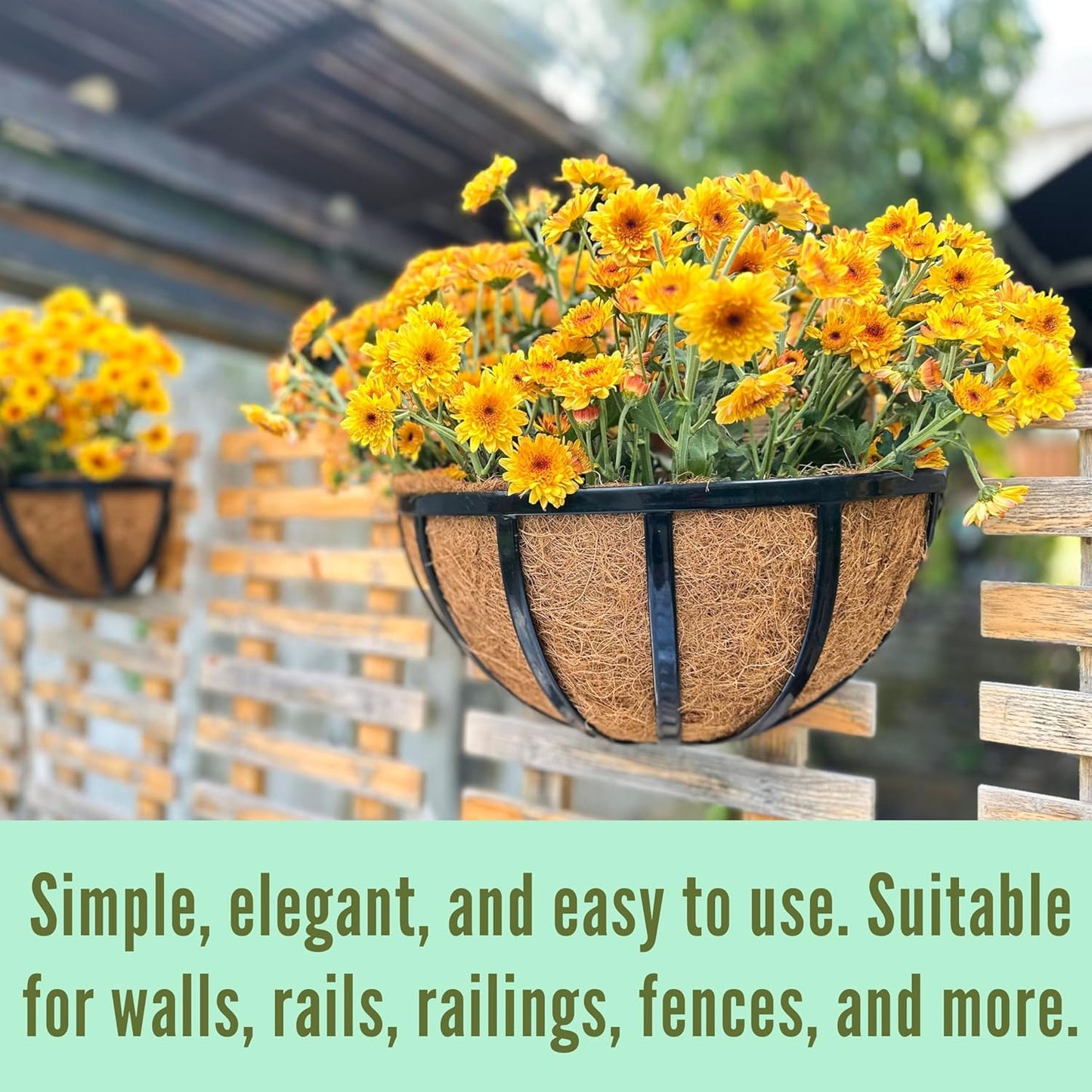 LalaGreen Wall Planters (2 Pack, 16 Inch) Black Metal Deck Railing Planter Boxes with Coco Liners, Window Flower Box for Outdoor Plants, Modern Horse Trough Fence, Balcony, Herb Patio Porch Over Rail