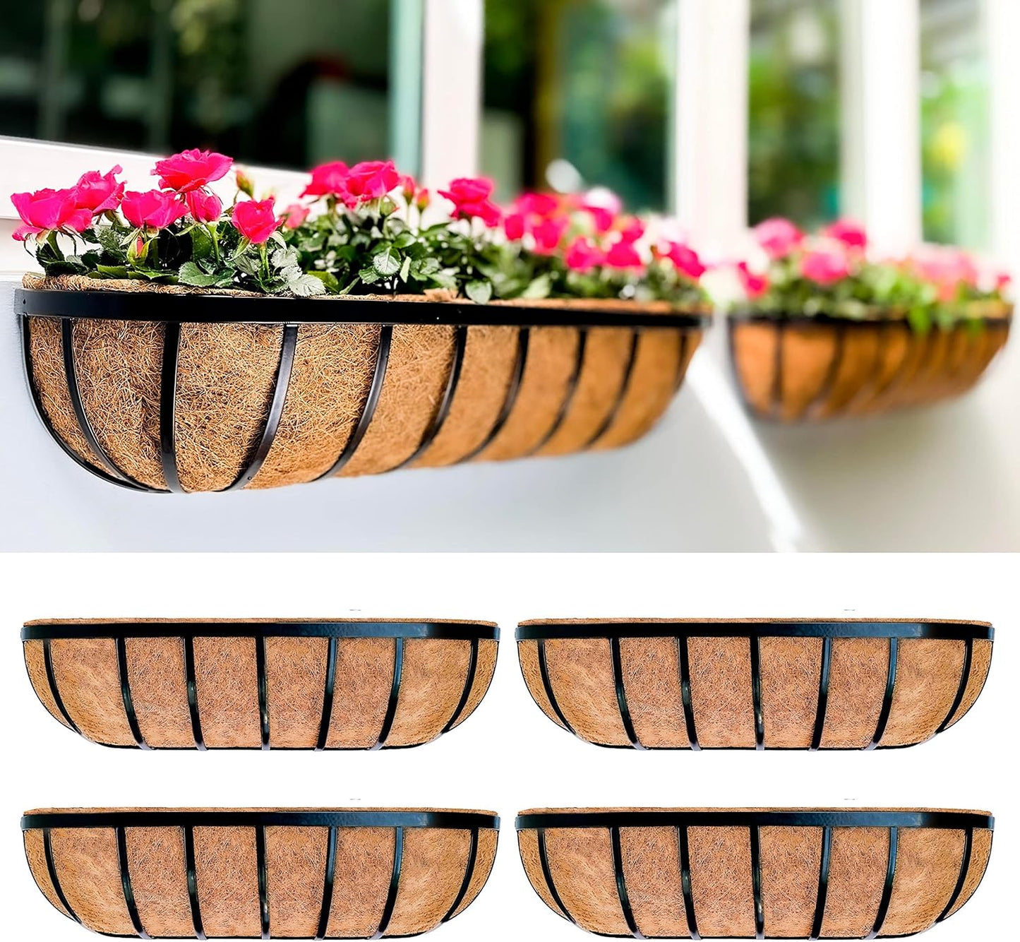 LaLaGreen Outdoor Wall Planter - 30 Inch, 2 Pack Black Metal Window Boxes Planters Attach to House, Large Flower Basket Deck Railings Hanging with Coco Liner Horse Troughs Fence Balcony Patio Porch