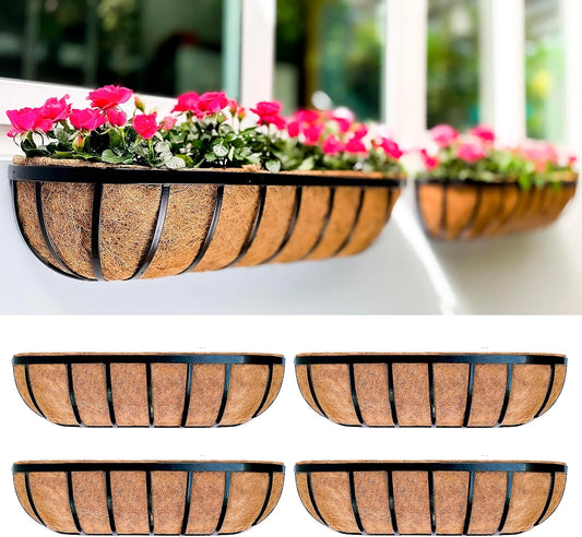 LaLaGreen Fence Planters for Outdoor Plants (24 Inch, 4 Pack) Black Metal Window Boxes Planter To Attach To House, Wall Mounted Flower Coco Baskets Outside Deck Railing Balcony Garden Porch Patio Rail