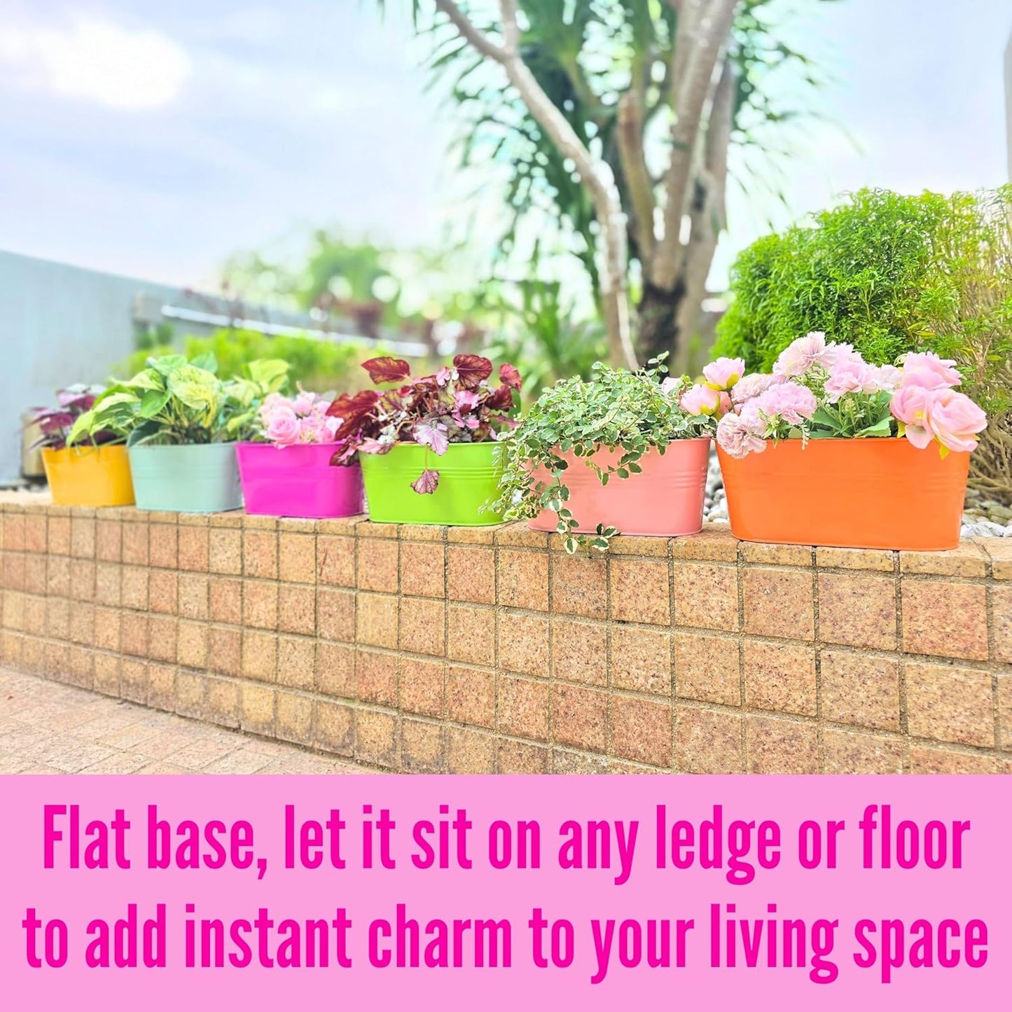 LaLaGreen Outdoor Hanging Planter (11.2 Inch, 6 Pack) Light Blue, Green, Neon Pink, Yellow, Orange, Peachy Pink Metal Iron Window Box Flower Pot Deck Railings Fence Rail Bucket Porch Home Garden Decor