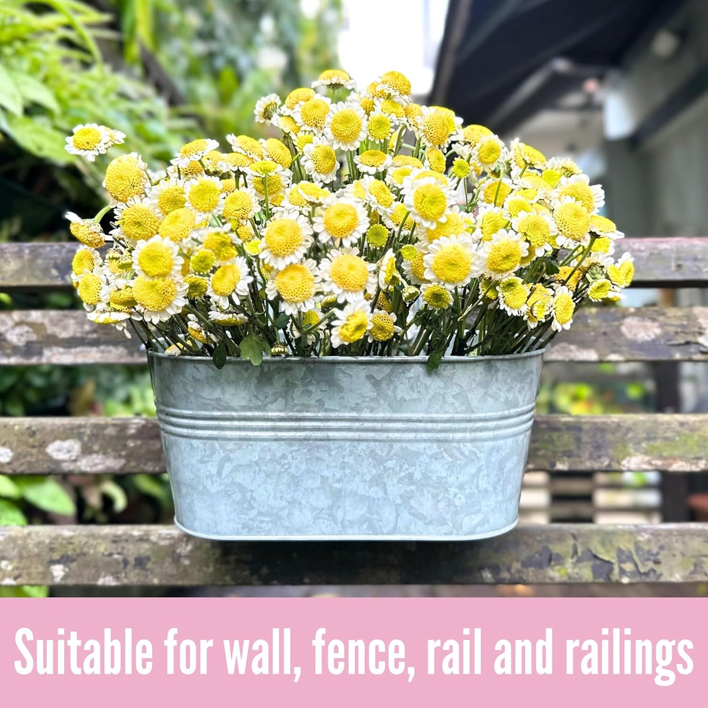 LaLaGreen Outdoor Plants Rail Planter (15 Inch, 4 Pack) Silver Metal Iron Hanging Flower Pot Deck Railings Fence Bucket Modern Boho Style Wall Mount Window Box Plant Wall Hanger Hooks Porch Home Decor