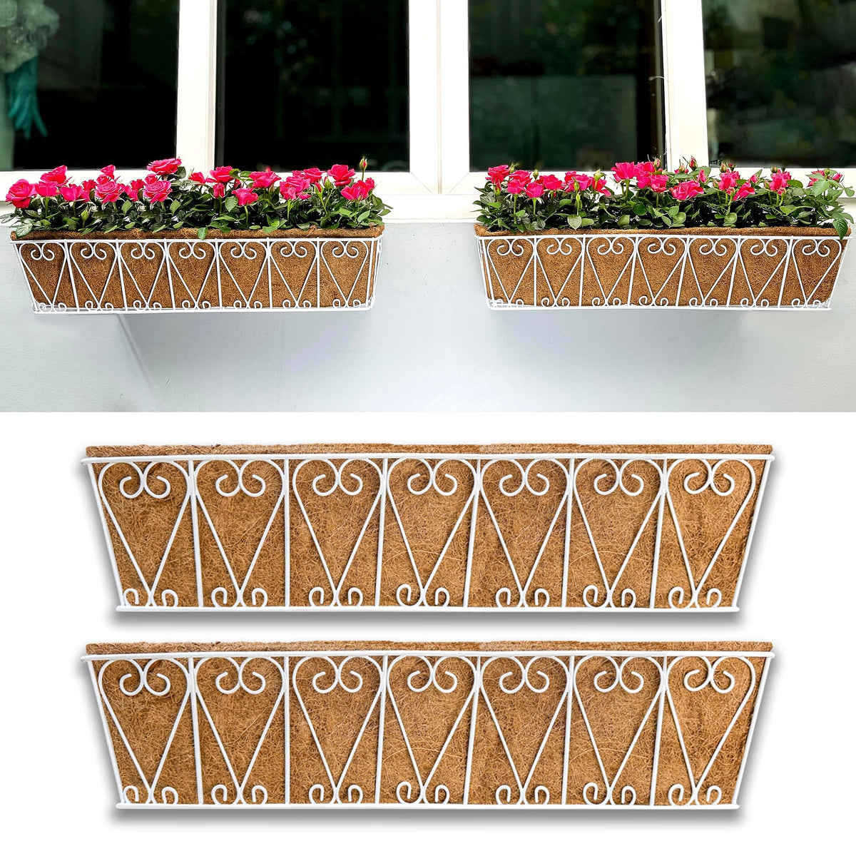 LaLaGreen White Wall Planter (16 in, 2 Pack) Coco Liner Flower Box Holder