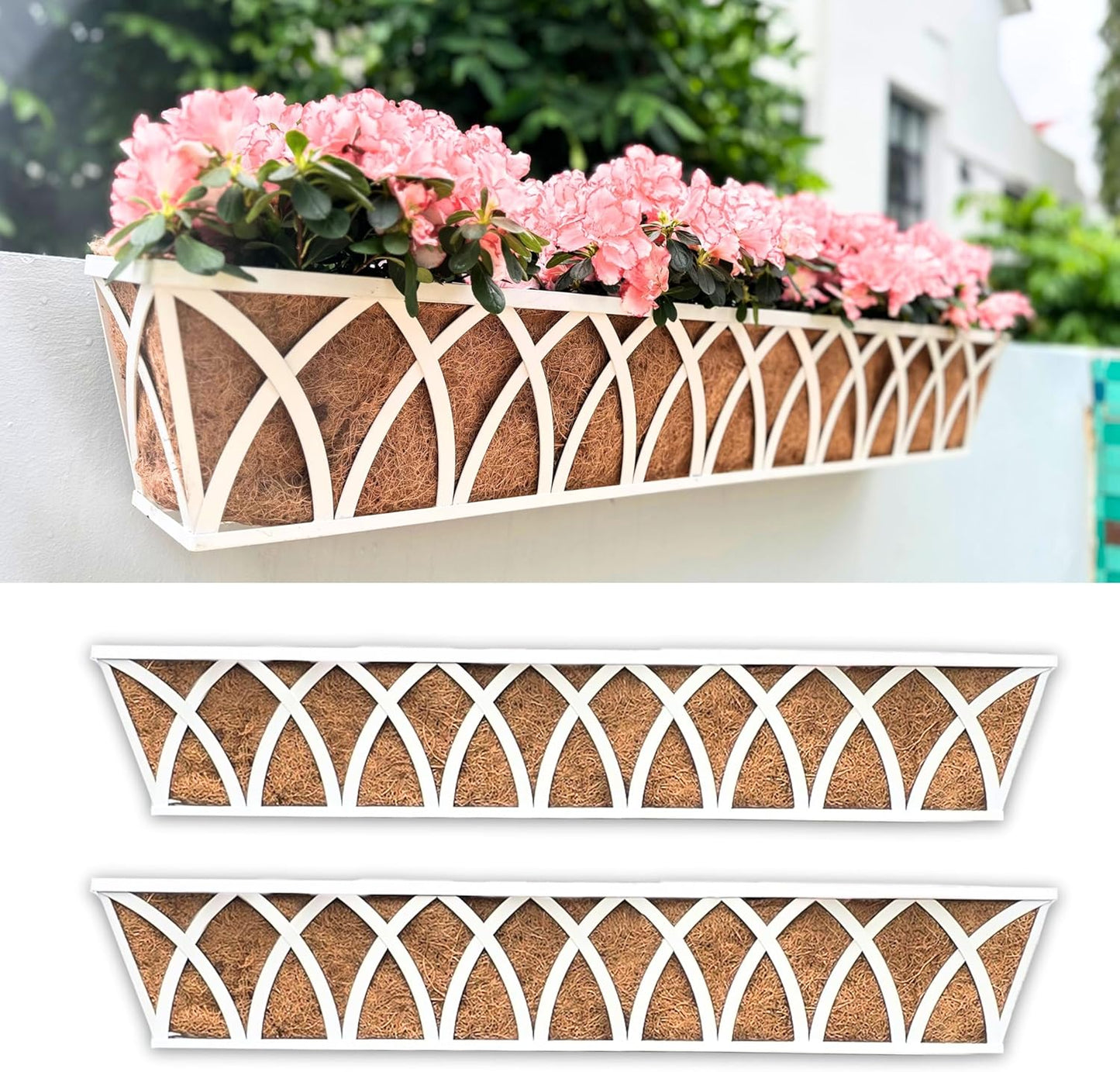 LaLaGreen Wall Planter Outdoor (36 Inch, 2 Pack) White Metal Rectangular Hanging Flower Boxes with Coco Liner Window Basket Plant Holder Deck Rail Railing Patio Horse Trough Balcony Fence Porch Garden