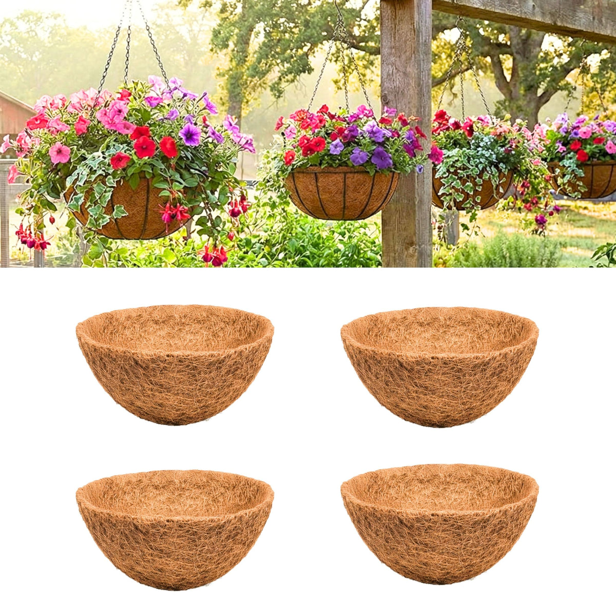 LaLaGreen 12'' (4 Pack, Round) Coco Liners for Hanging Basket – Small Coir Fiber Replacement for Flower Pot, Garden Holder, DIY Outdoor Planter – Multi Sizes 8/10/14/16/18/20 Inch & Different Shapes