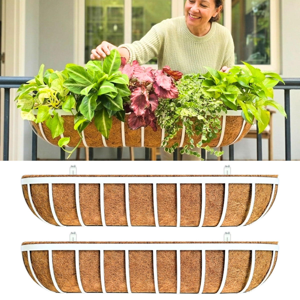 LaLaGreen Deck Railing Planters (2 Pack, 16 Inch) White Metal Rectangular Window Flower Box with Coco Liner, Wall Hanging Planter for Outdoor Plants Deck Rail Fence Balcony Patio Porch Garden Decor