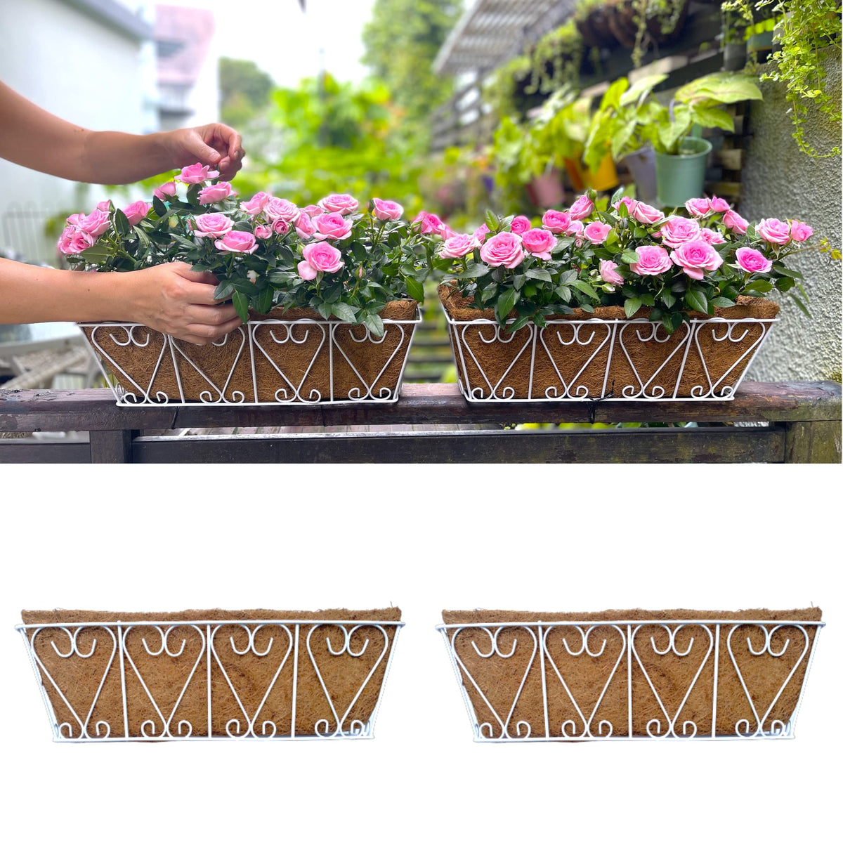 LaLaGreen White Wall Planter (16 in, 2 Pack) Coco Liner Flower Box Holder