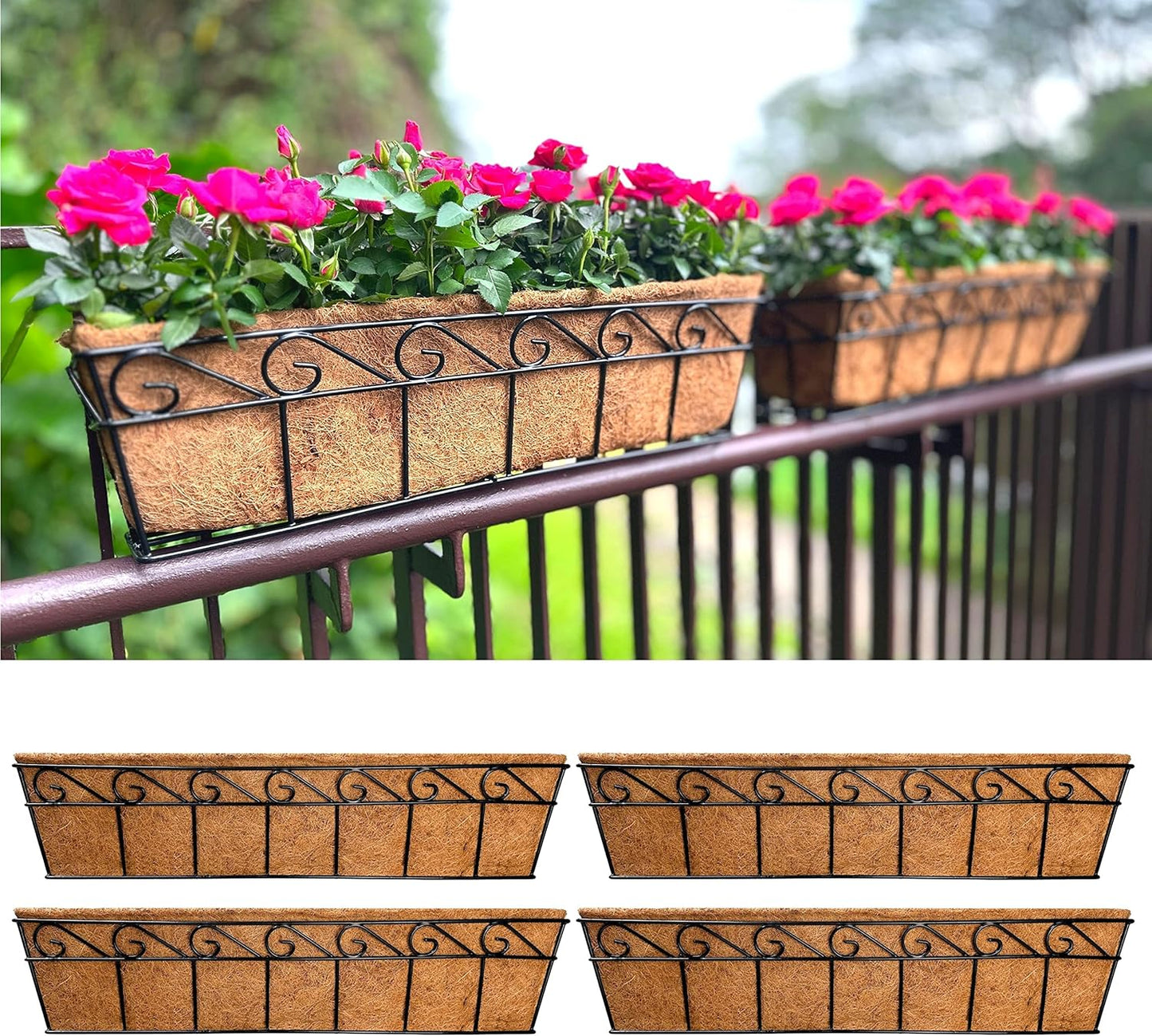 LaLaGreen Wall Mounted Planters - 16 Inch, 4 Pack Window Flower Boxes Basket Outdoor, Balcony Planter Over The Rail, Deck Railing Hanging with Coco Liners, Metal Horse Troughs Fence Patio Porch