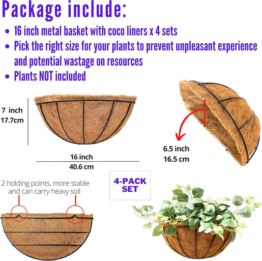 LaLaGreen Large Wall Flower Baskets, 4 Pack, 16 Inch Rail Planter for Outdoor Plants, Metal Wire Plants Holders with Coco Liner Outside Fence Balcony Garden Pots Railings Hanging Deck Porch Decor
