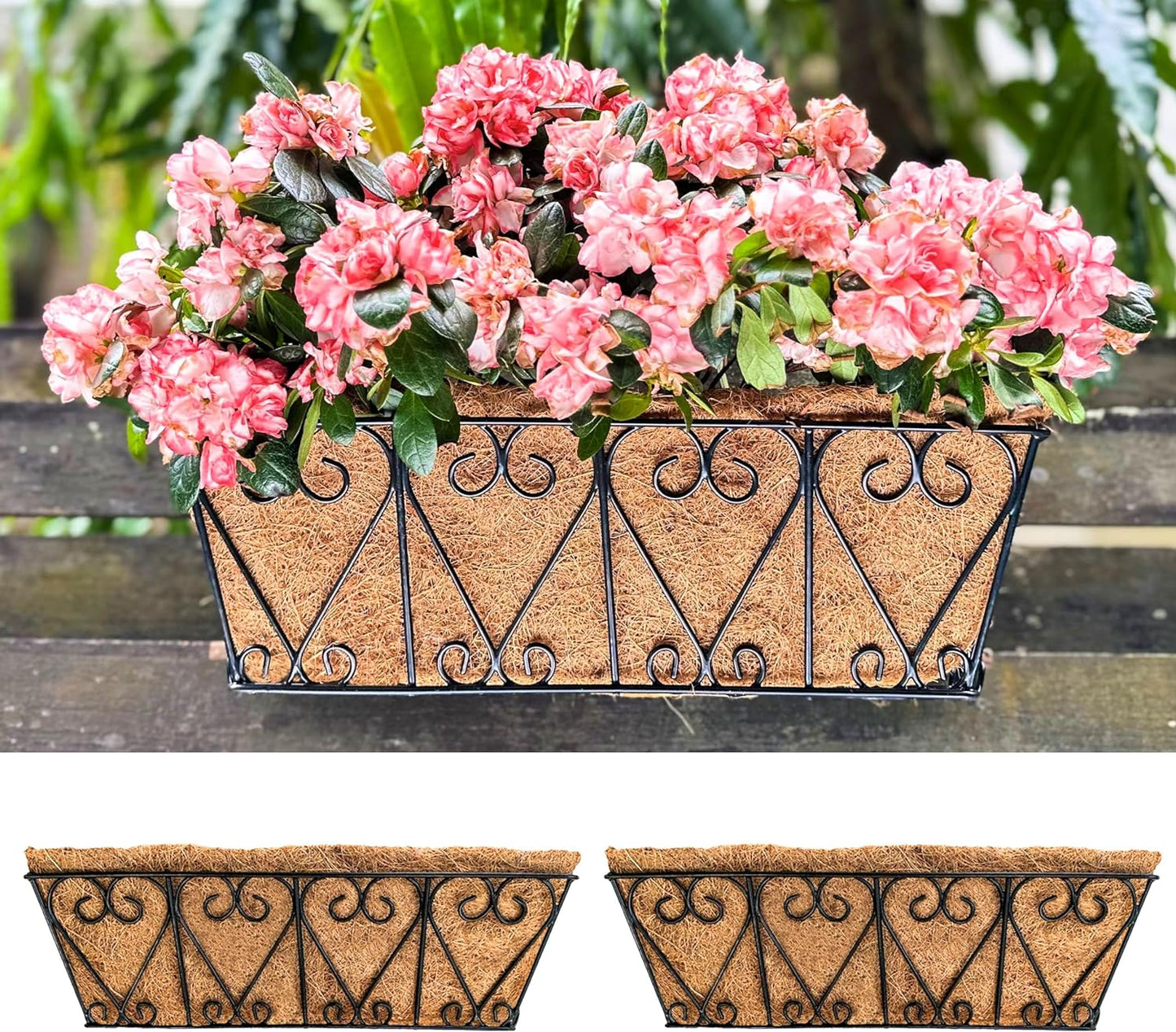 LaLaGreen Large Rail Planters - 2 Pack, 24 Inch Wall Hanging Basket with Coco Liner Deck Railing Hanging Window Flower Box Outdoor Black Metal Trough Plant Holder Fence Balcony Patio Porch Garden
