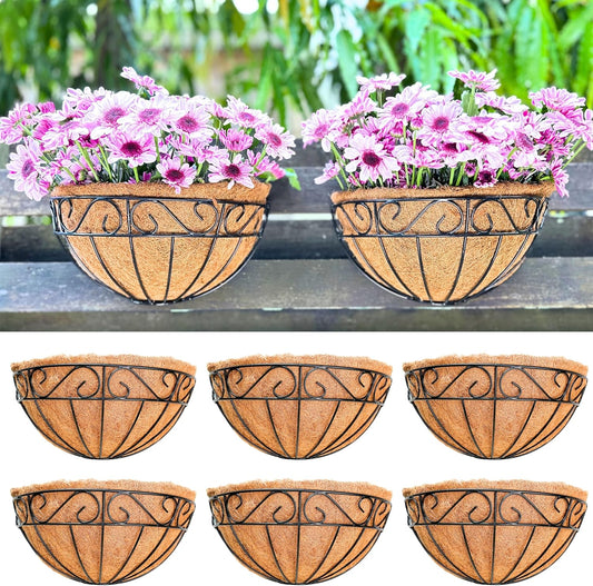 LaLaGreen Wall Hanging Planters, 6 Pack, 12 Inch Balcony Flower Baskets with Coco Liner Outside, Outdoor Vertical Garden, Fence Pots Holder Half Round Semi Circle Rail Railing Deck Porch Balcony Patio