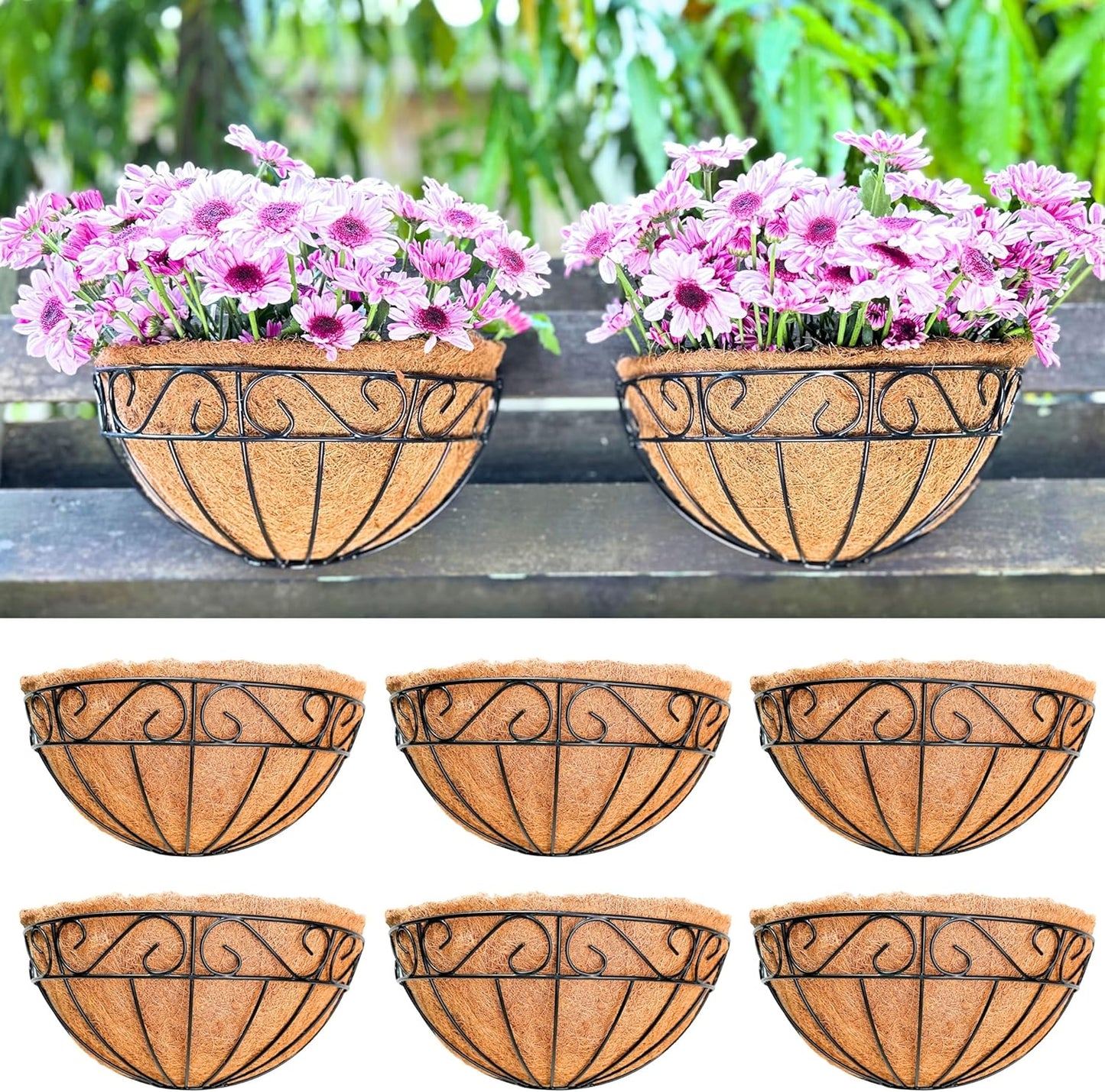 LaLaGreen Wall Hanging Planters, 4 Pack, 12 Inch Balcony Flower Baskets with Coco Liner Outside, Outdoor Vertical Garden, Fence Pots Holder Half Round Semi Circle Rail Railing Deck Porch Balcony Patio