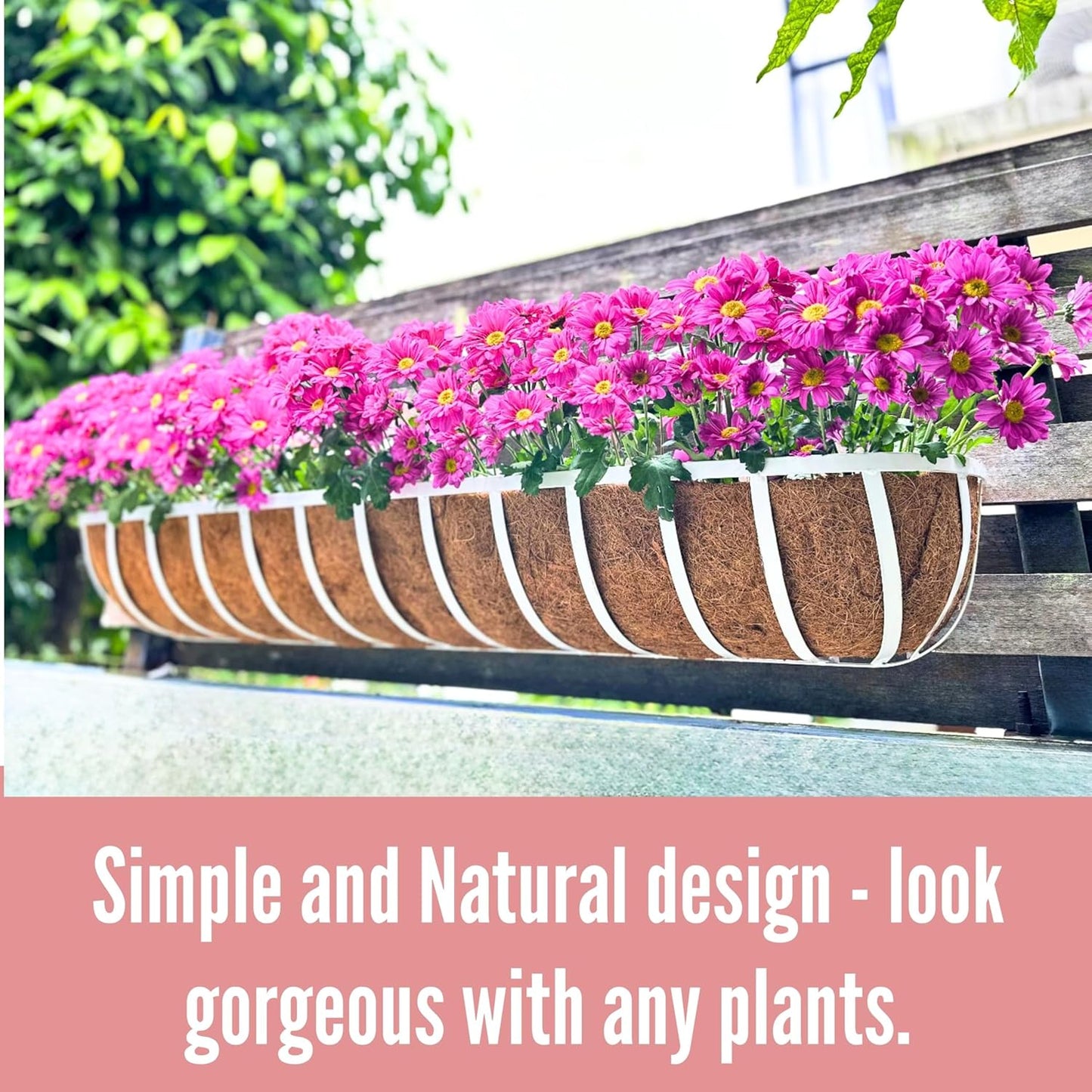 LaLaGreen Deck Railing Planter Boxes (2 Pack, 48 Inch) White Metal Rectangular Window Flower Box with Coco Liner, Wall Hanging Planters for Outdoor Plants Rail Fence Balcony Patio Porch Garden Decor