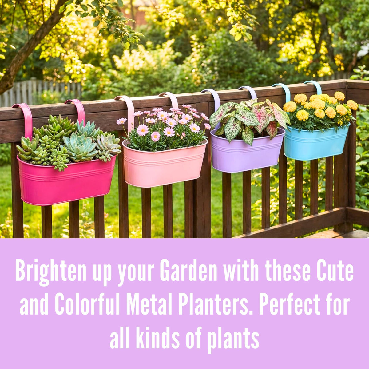 LaLaGreen Colorful Oval Metal Railing Planter Boxes