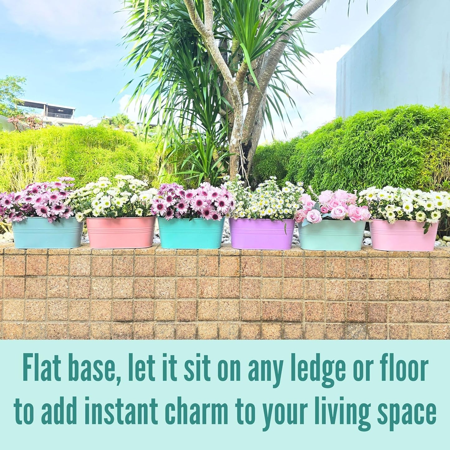 LaLaGreen Outdoor Hanging Planter (11.2 Inch, 6 Pack) Light Pink, Light Purple, Turquoise, Light Blue, Peachy Pink, Cadet Blue Metal Iron Window Flower Pot Deck Railing Balcony Fence Rail Garden Decor