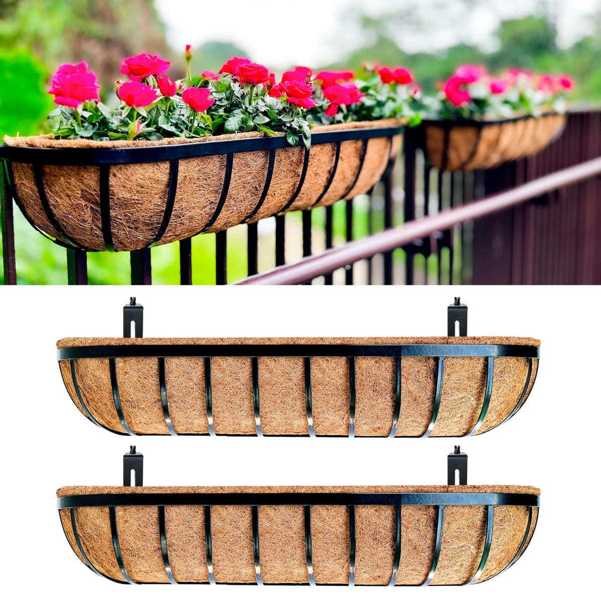 LaLaGreen Deck Railing Planter Boxes (16 Inch, 2 Pack) Black Metal Rectangular Hanging Planters with Coco Liner, Adjustable Flower Planter Box Brackets for Plants Fence Balcony Patio Porch Over Rail