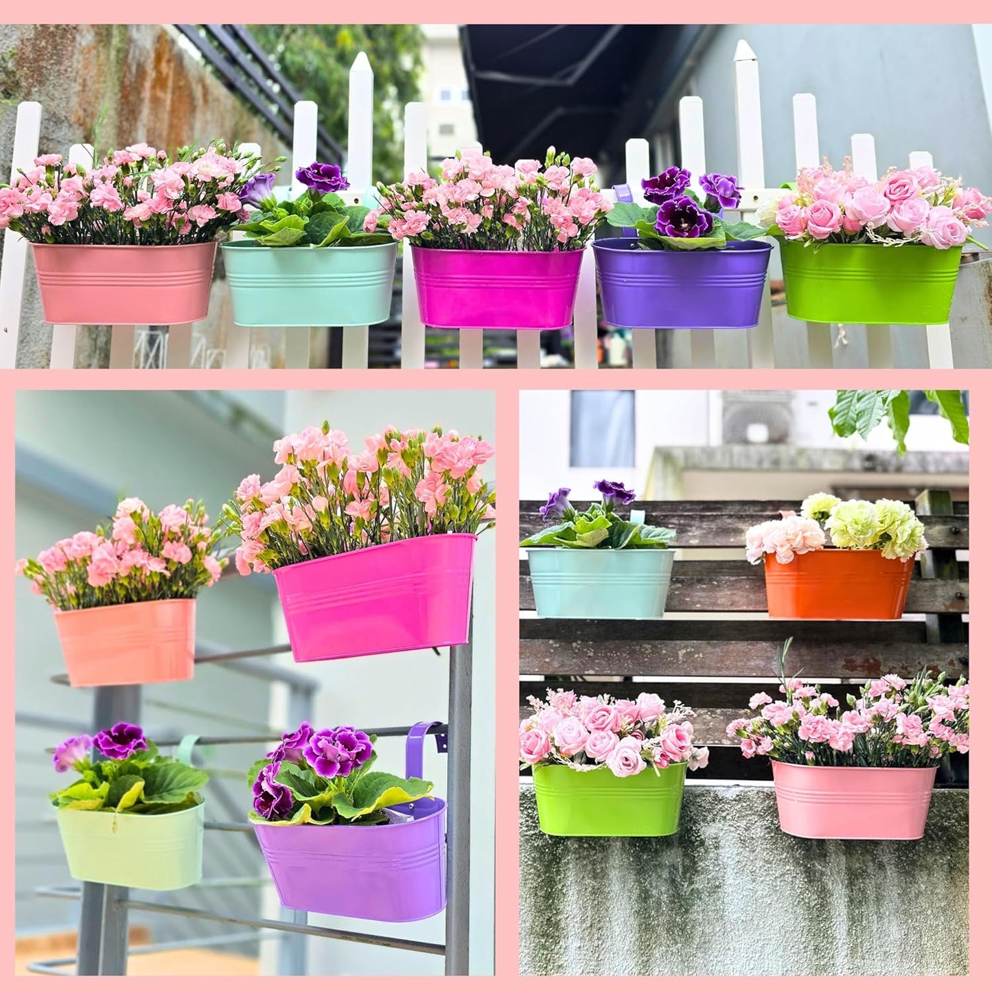 LaLaGreen Outdoor Hanging Planter (11.2 Inch, 6 Pack) Light Blue, Green, Neon Pink, Dark Blue, Orange, Peachy Pink Metal Iron Window Box Flower Pot Deck Railings Fence Rails Buckets Porch Garden Decor